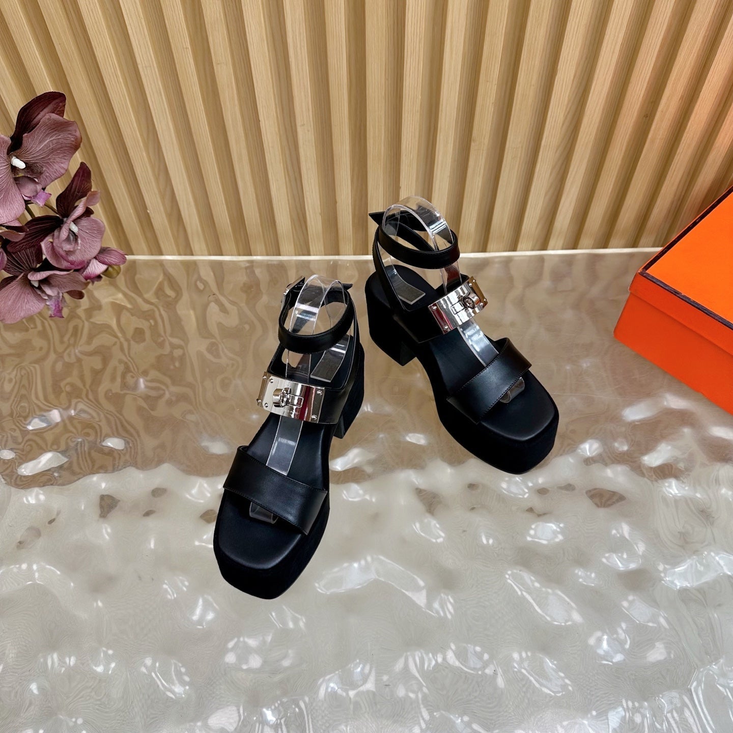HERMES 25S CLASSIC WEDGE SANDALS 70 MM IN BLACK LAMBSKIN WITH SILVER HARDWARE