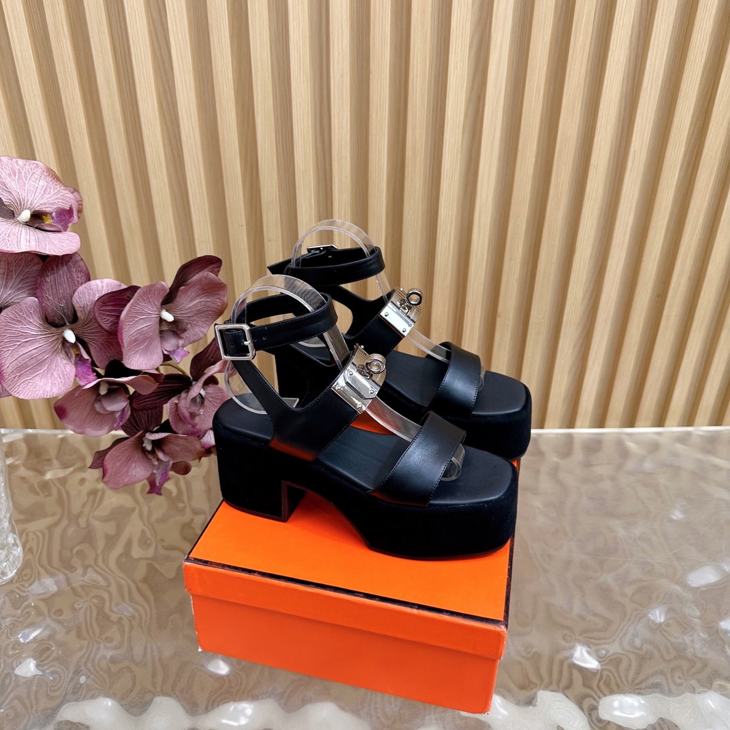 HERMES 25S CLASSIC WEDGE SANDALS 70 MM IN BLACK LAMBSKIN WITH SILVER HARDWARE