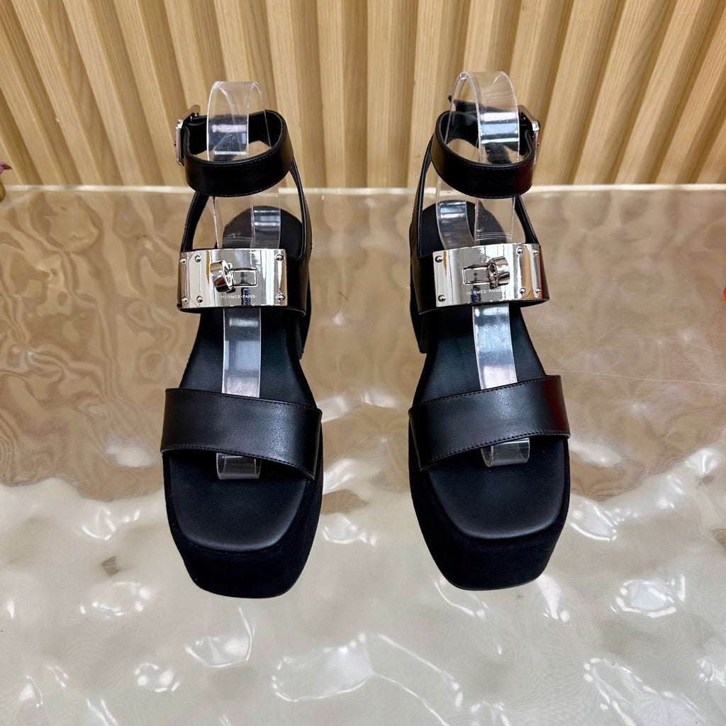 HERMES 25S CLASSIC WEDGE SANDALS 70 MM IN BLACK LAMBSKIN WITH SILVER HARDWARE