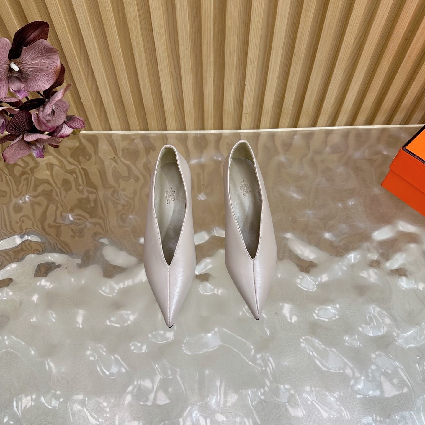 HERMES 25S HIGH-HEEL WEDGE SHOES 50 MM IN PALE PINK BEIGE LAMBSKIN