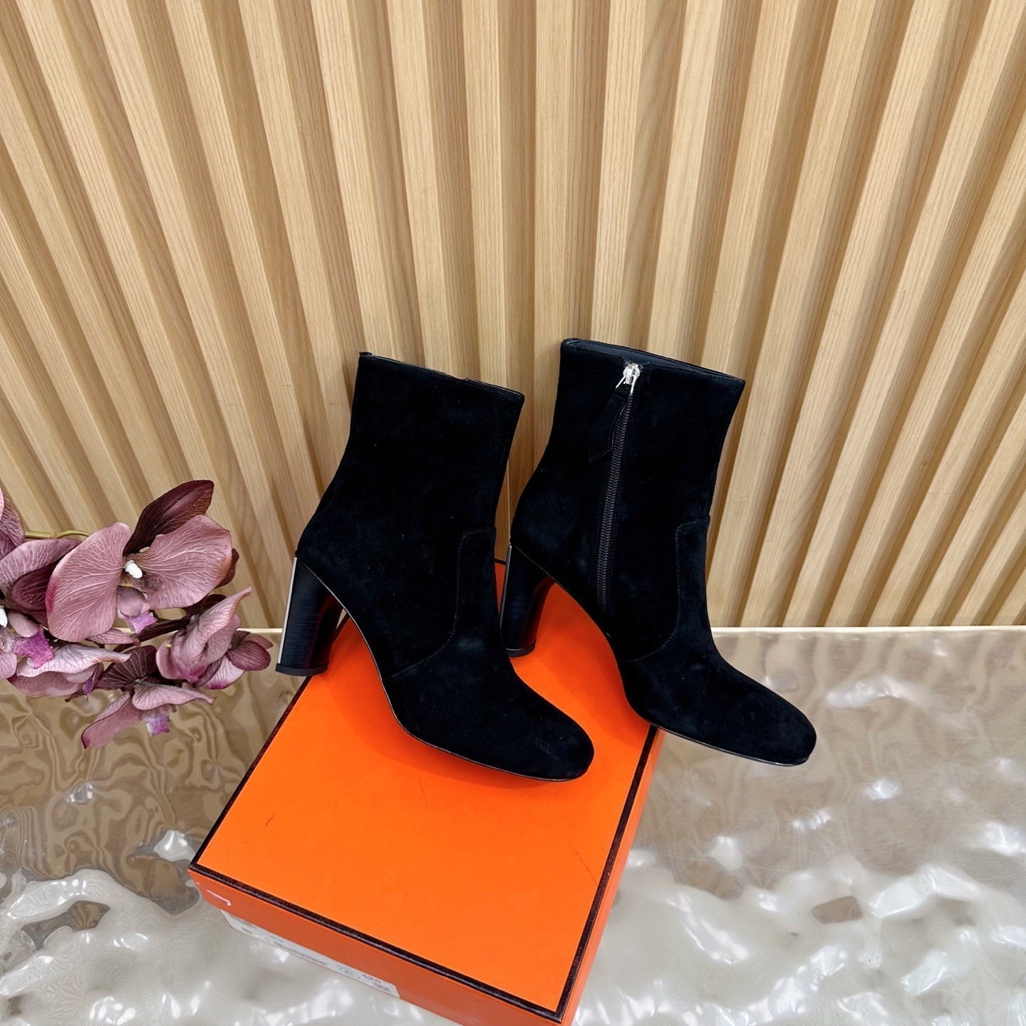 HERMES 25S ANKLE BOOTS 70 MM IN BLACK SUEDE