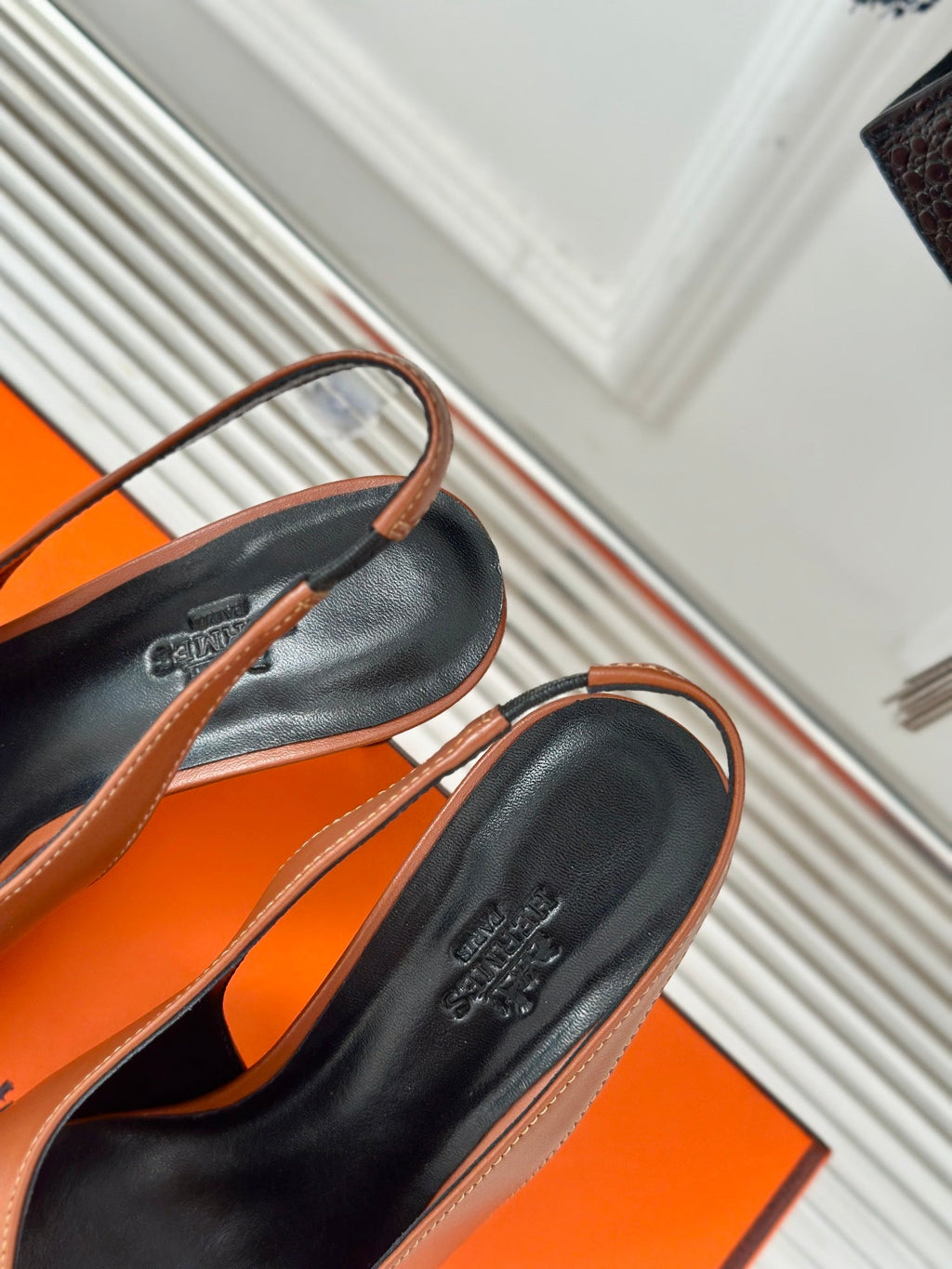HERMES HIGH HEEL 75 MM POINTED- TOE SANDAL IN BRONZE BROWN CALFSKIN