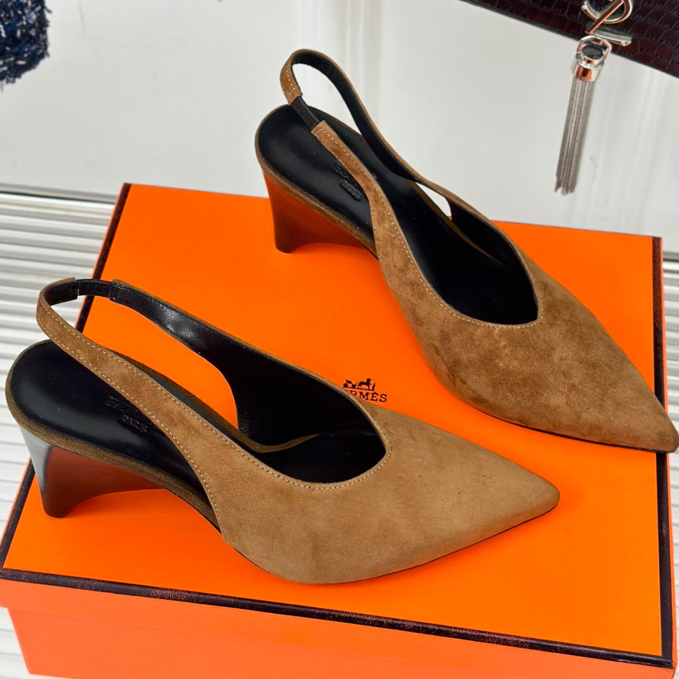 HERMES HIGH HEEL 75 MM POINTED- TOE SANDAL IN CIDER BROWN SUEDE