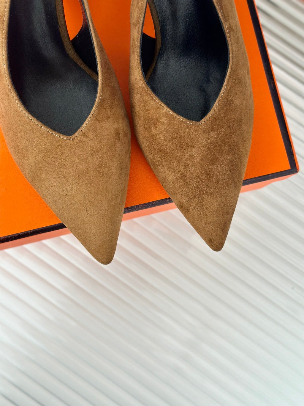 HERMES HIGH HEEL 75 MM POINTED- TOE SANDAL IN CIDER BROWN SUEDE