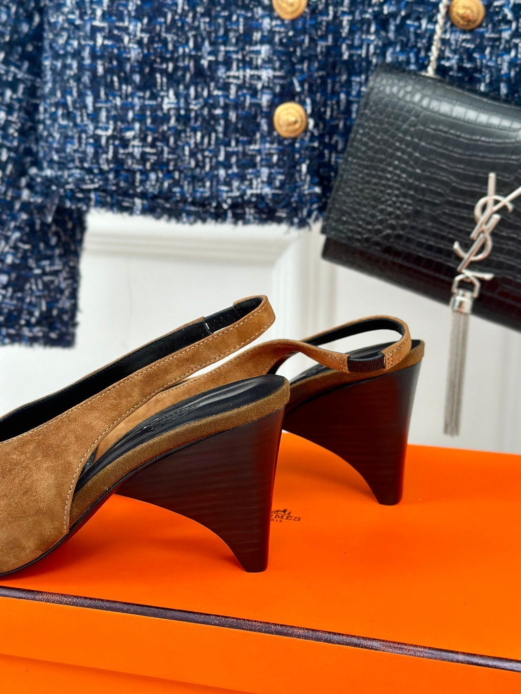 HERMES HIGH HEEL 75 MM POINTED- TOE SANDAL IN CIDER BROWN SUEDE