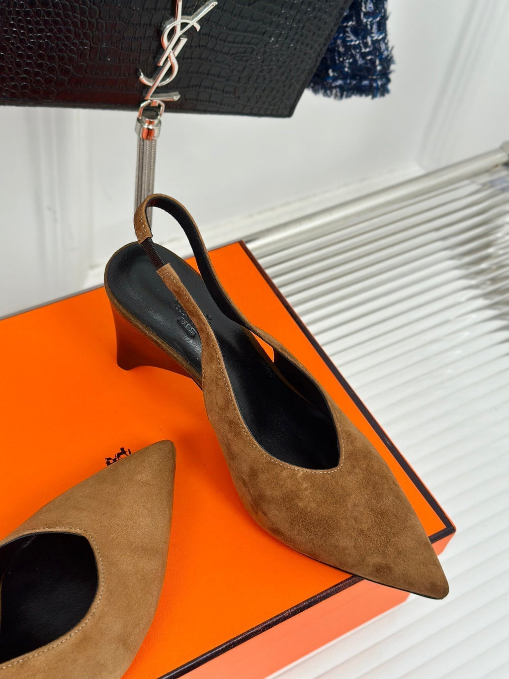 HERMES HIGH HEEL 75 MM POINTED- TOE SANDAL IN CIDER BROWN SUEDE