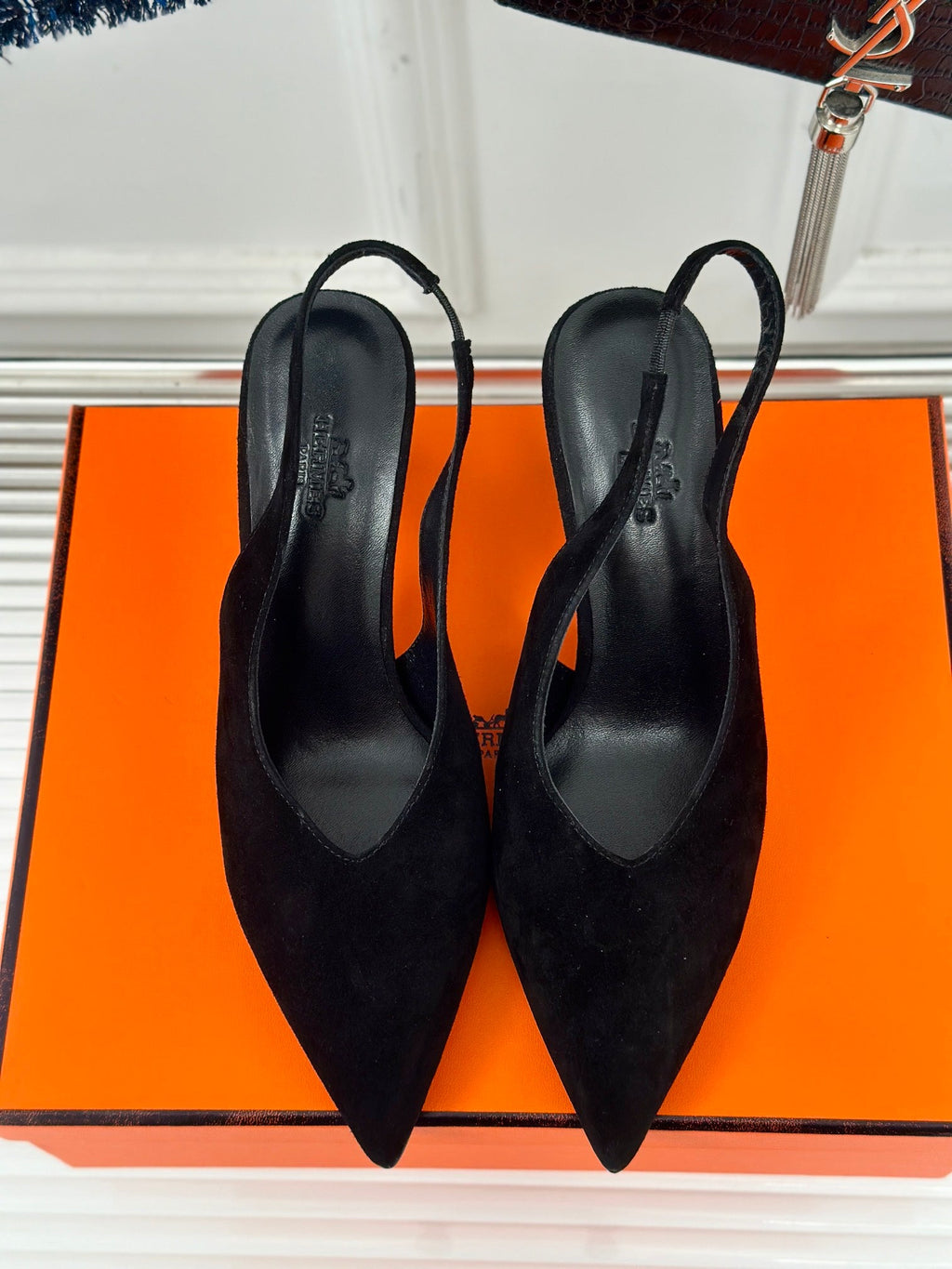 HERMES HIGH HEEL 75 MM POINTED- TOE SANDAL IN BLACK SUEDE