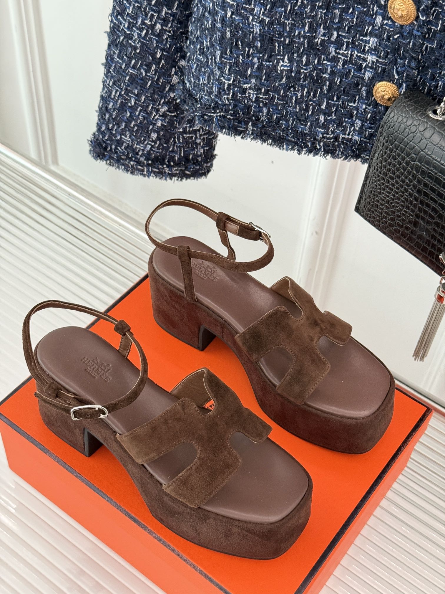 HERMES 25S JAM 30 HIGH-HEEL SANDAL IN DARK BROWN SUEDE