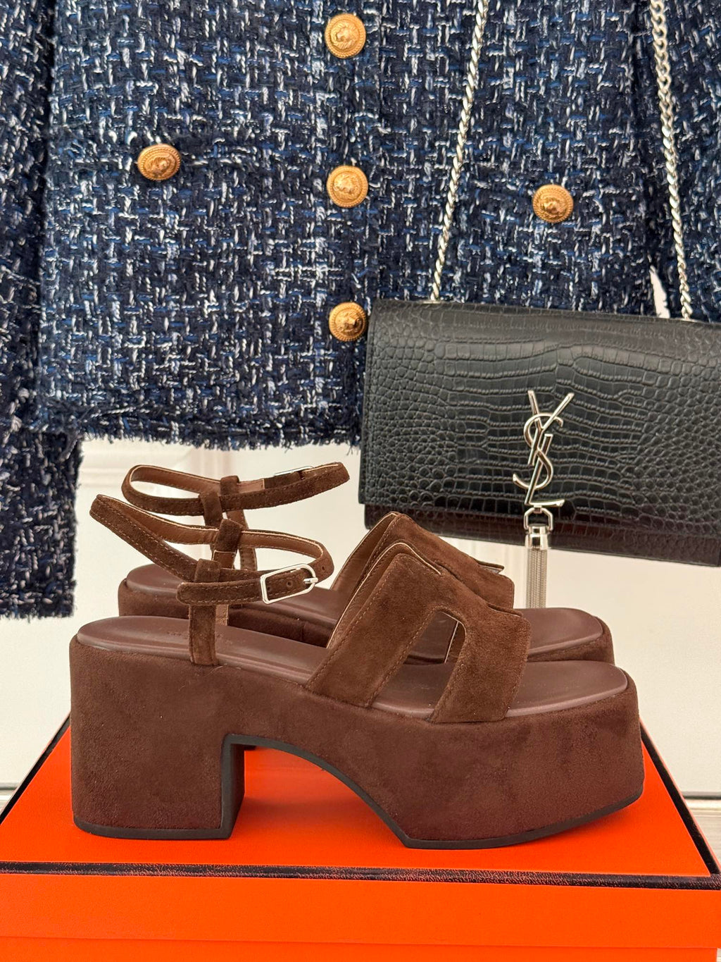 HERMES 25S JAM 30 HIGH-HEEL SANDAL IN DARK BROWN SUEDE