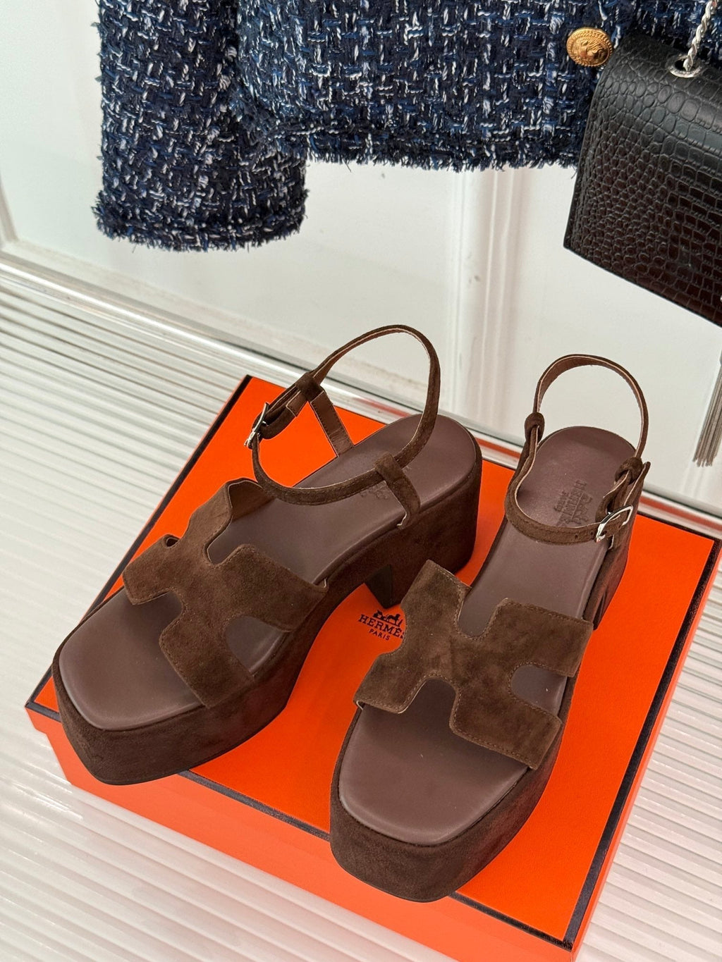 HERMES 25S JAM 30 HIGH-HEEL SANDAL IN DARK BROWN SUEDE