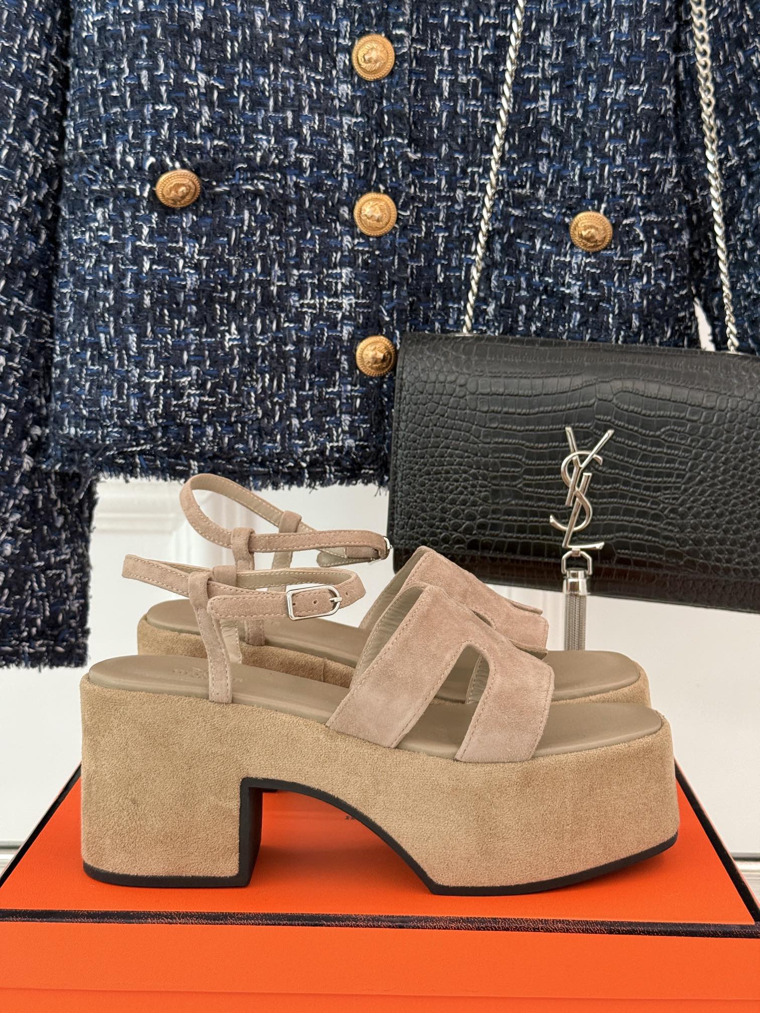 HERMES 25S JAM 30 HIGH-HEEL SANDAL IN TERRACOTTA BEIGE SUEDE