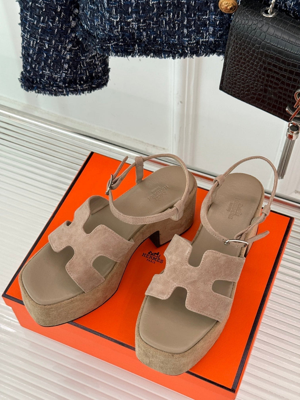 HERMES 25S JAM 30 HIGH-HEEL SANDAL IN TERRACOTTA BEIGE SUEDE