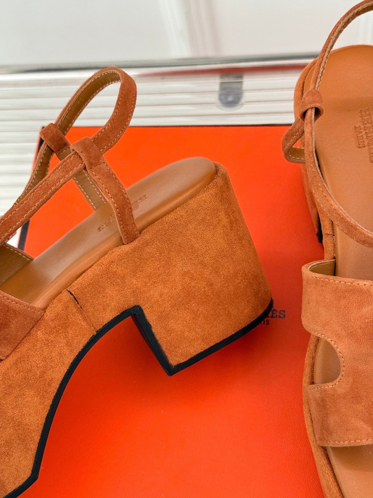HERMES 25S JAM 30 HIGH-HEEL SANDAL IN TERRACOTTA ORANGE SUEDE