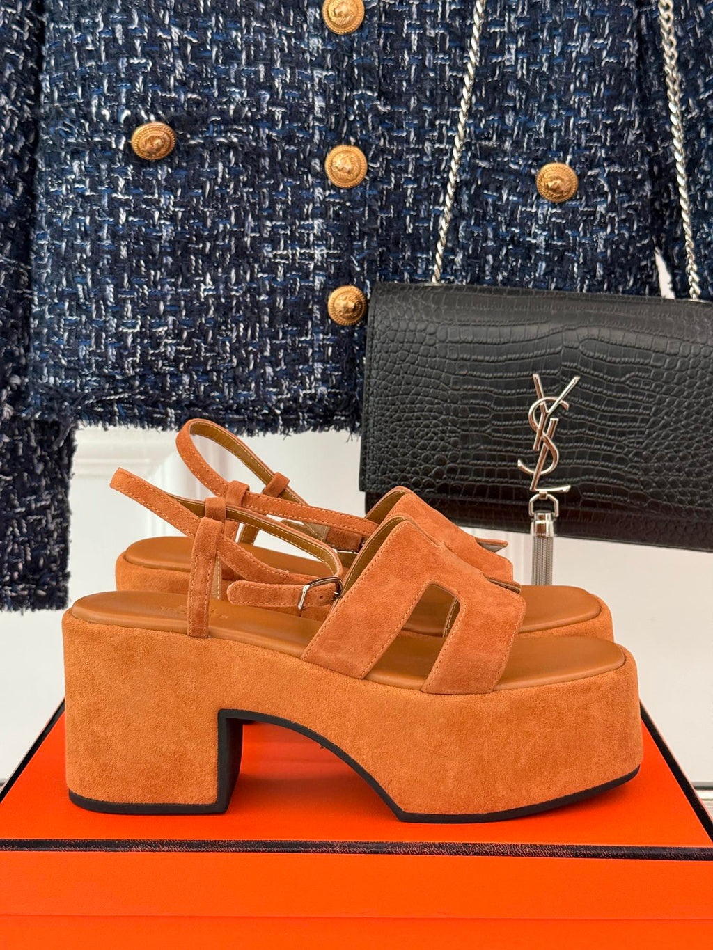 HERMES 25S JAM 30 HIGH-HEEL SANDAL IN TERRACOTTA ORANGE SUEDE