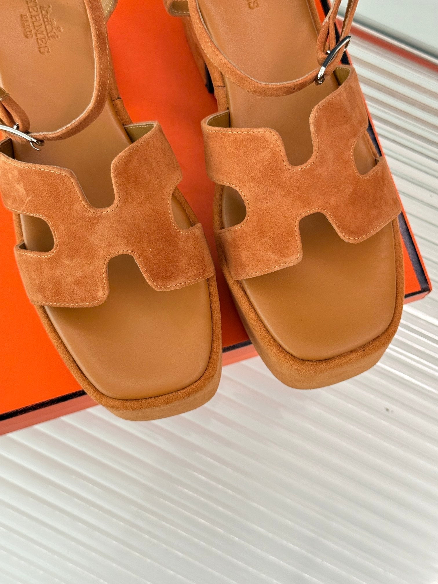 HERMES 25S JAM 30 HIGH-HEEL SANDAL IN TERRACOTTA ORANGE SUEDE