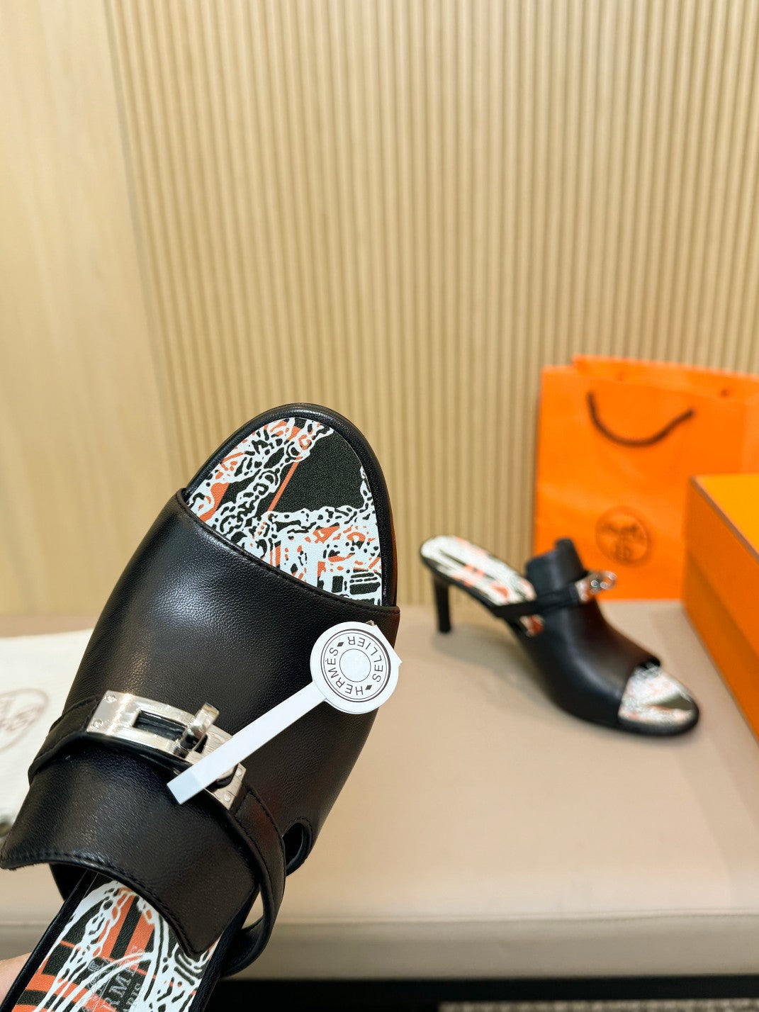 HERMES HEDEN MULE 80 BLACK CALFSKIN WITH PATTERN