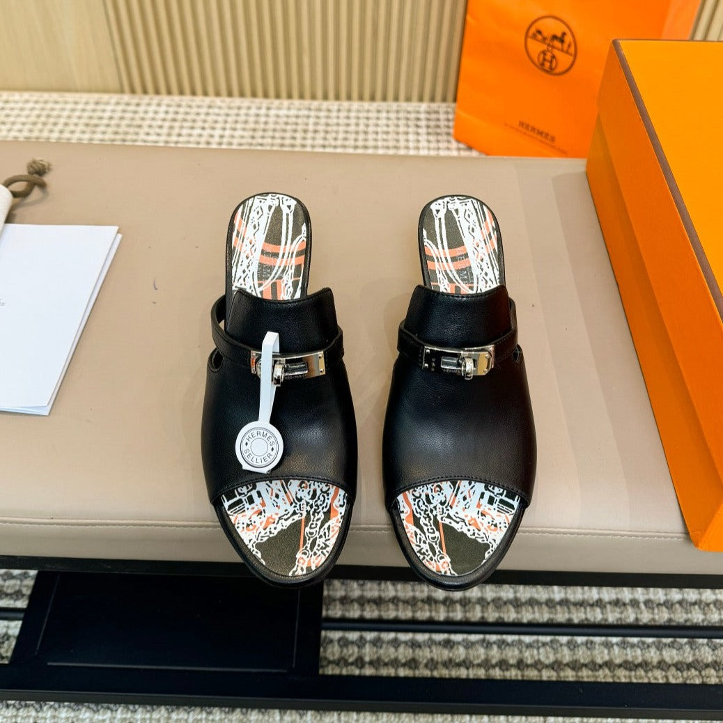HERMES HEDEN MULE 80 BLACK CALFSKIN WITH PATTERN