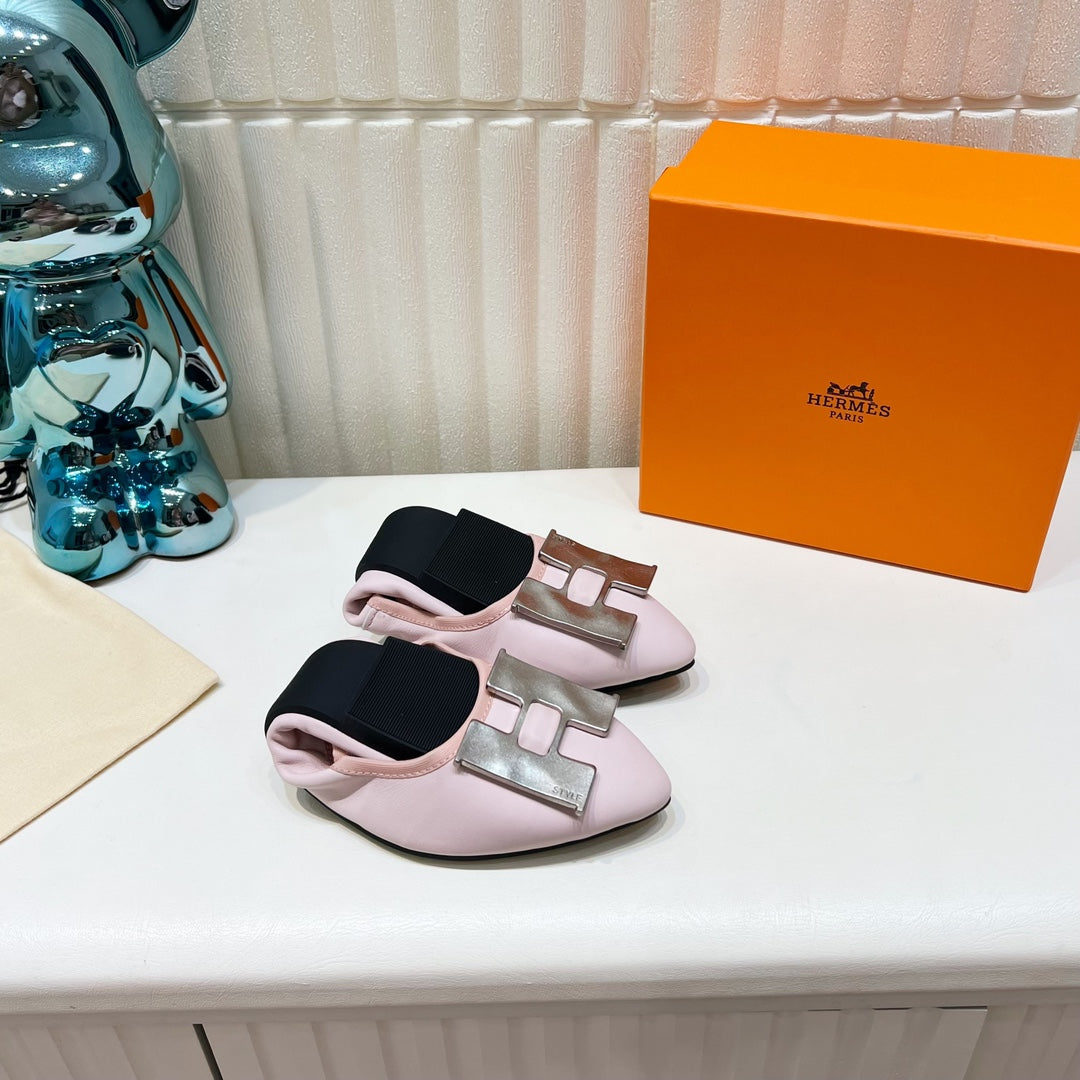 HERMES H-BUCKLE BALLLET FLAT LIGHT PINK CALFSKIN