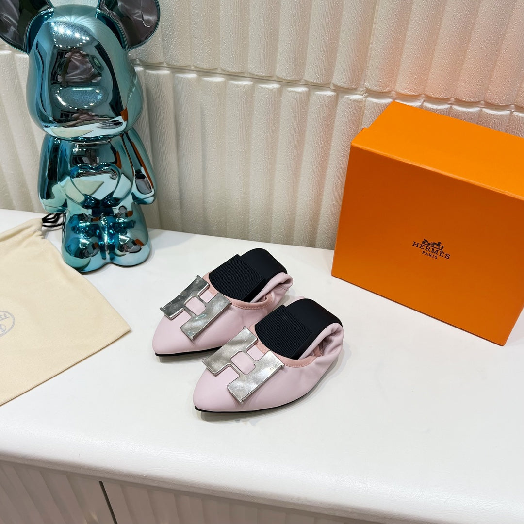 HERMES H-BUCKLE BALLLET FLAT LIGHT PINK CALFSKIN