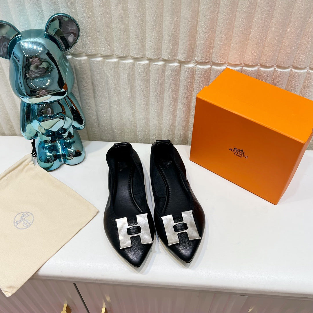 HERMES H-BUCKLE BALLLET FLAT BLACK CALFSKIN