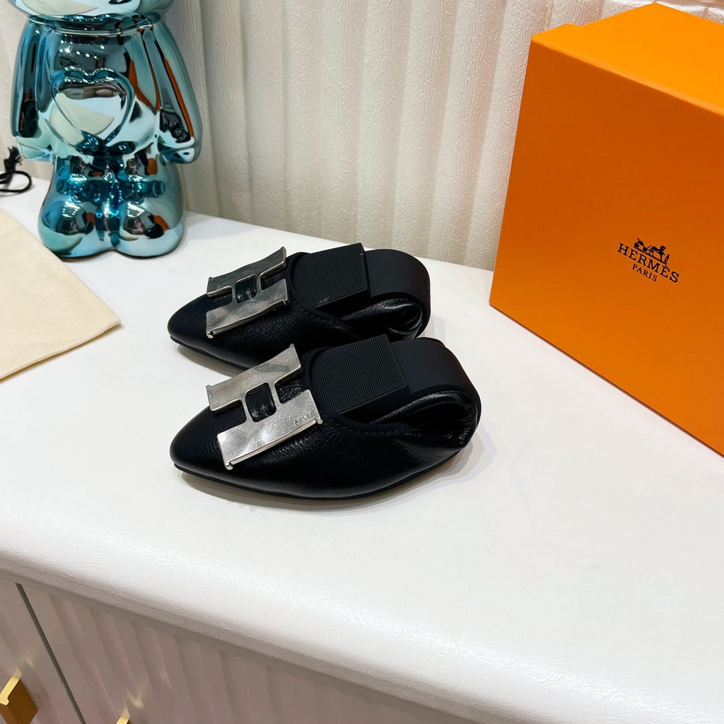 HERMES H-BUCKLE BALLLET FLAT BLACK CALFSKIN