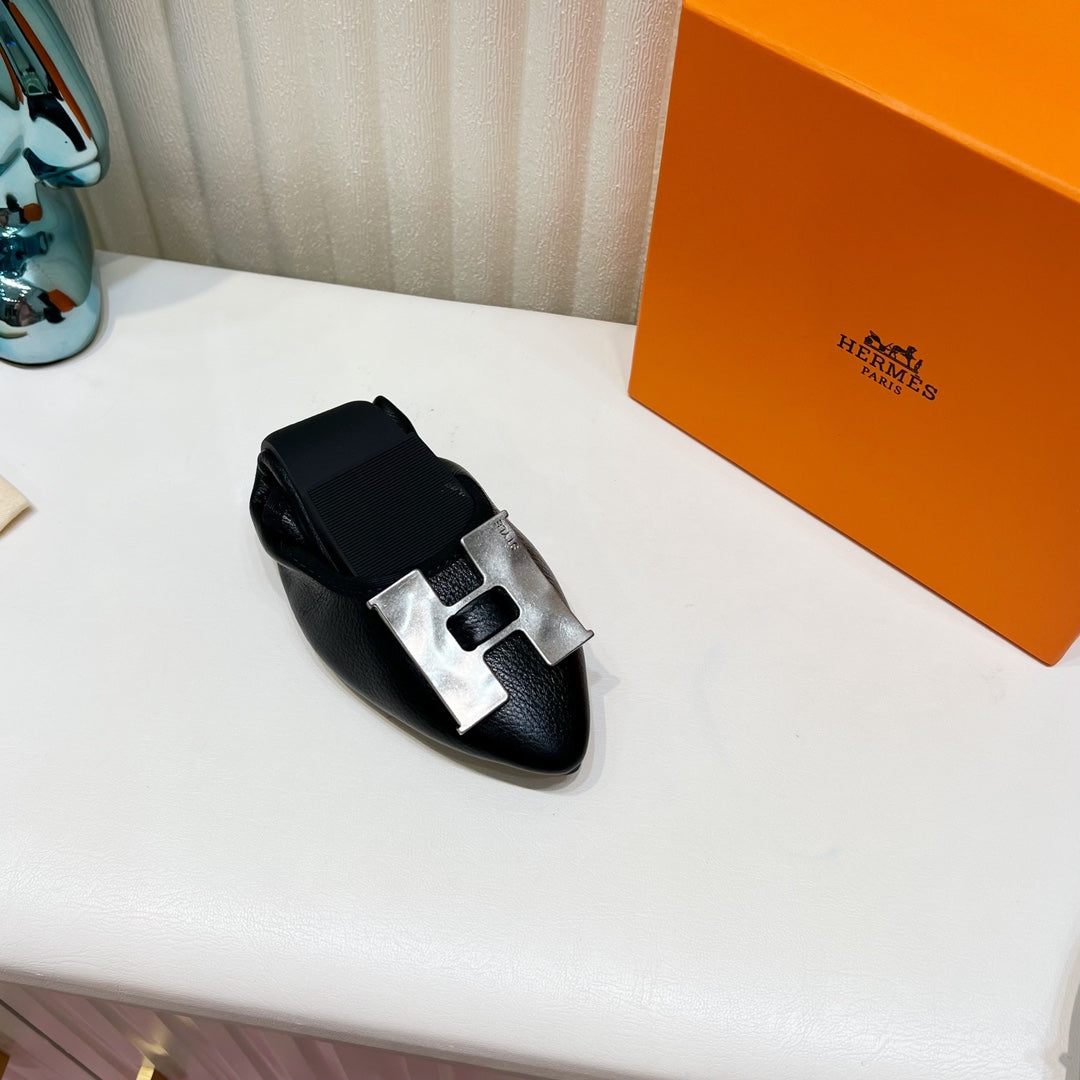 HERMES H-BUCKLE BALLLET FLAT BLACK CALFSKIN