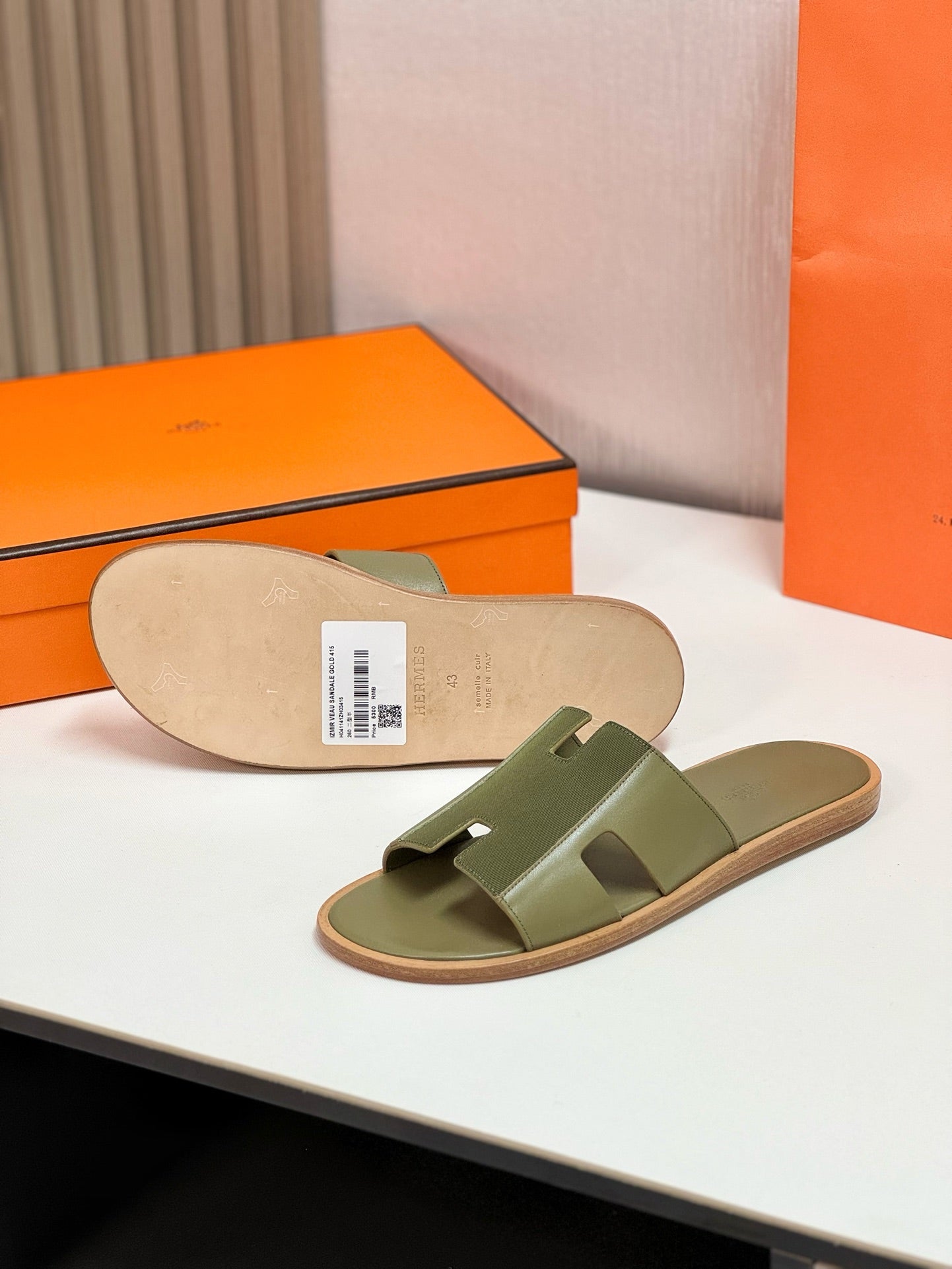 HERMES IZMIR SANDAL OLIVE MIX MOSS LAMBSKIN