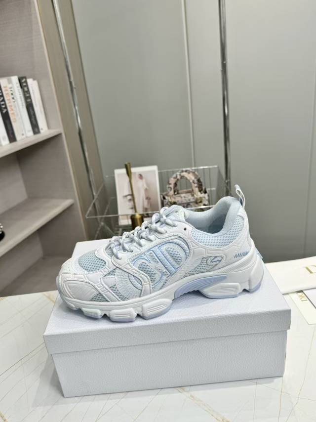 DIOR CD CHORONO SNEAKER IN WHITE AND LIGHT BLUE MESH