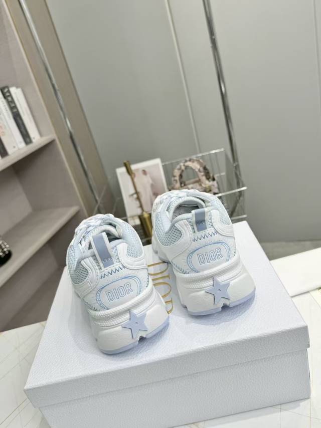 DIOR CD CHORONO SNEAKER IN WHITE AND LIGHT BLUE MESH