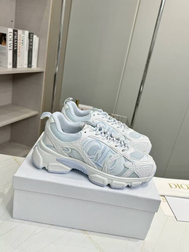 DIOR CD CHORONO SNEAKER IN WHITE AND LIGHT BLUE MESH