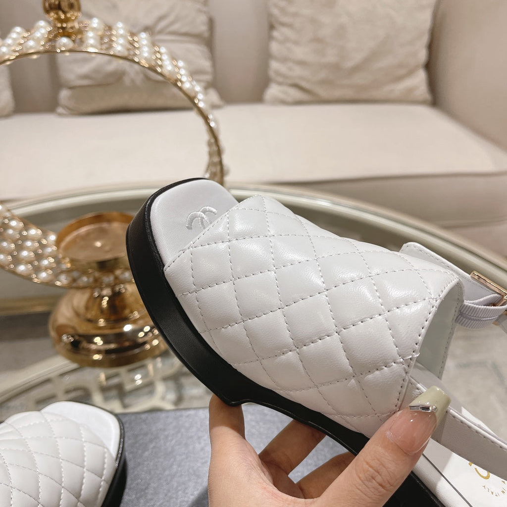 CHANEL Double C  Chunky Heel Peep-Toe Open Sandals White Lambskin