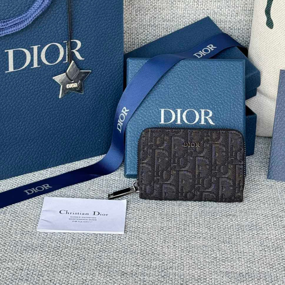 DIOR ZIPPED MINI WALLET 10 IN BLACK MONOGRAM OBLIQUE JACQUARD