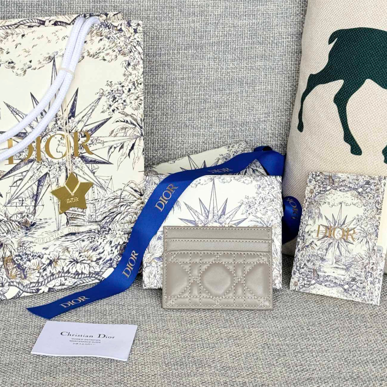 DIOR CARO FREESIA CARD HOLDER 10 IN LIGHT GREY CANNAGE CALFSKIN
