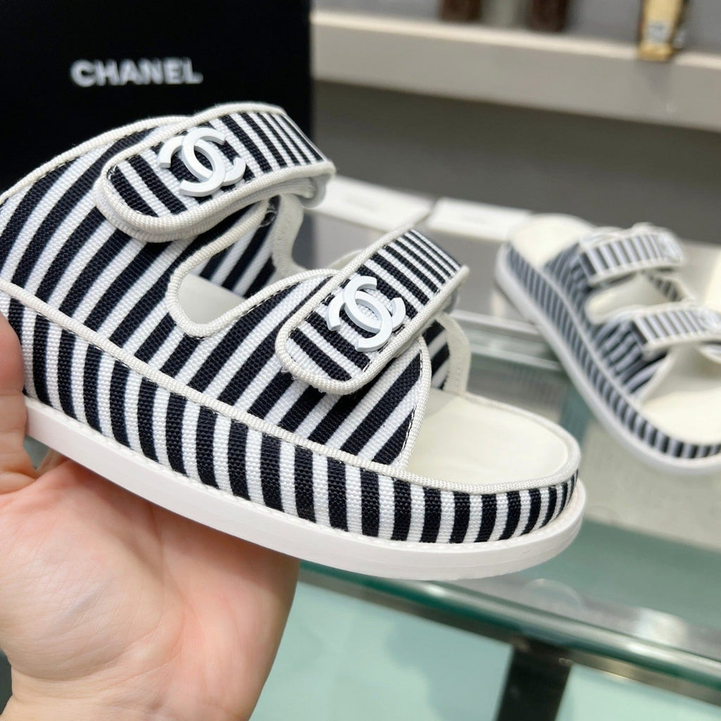 CHANEL Women's Stripes Casual  Flat Sandals Black White