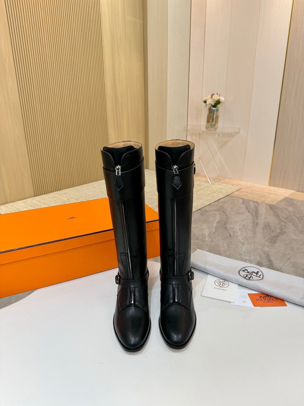 HERMES 25S RIDING BOOTS IN BLACK LAMBSKIN WITH SILVER HARDWARE