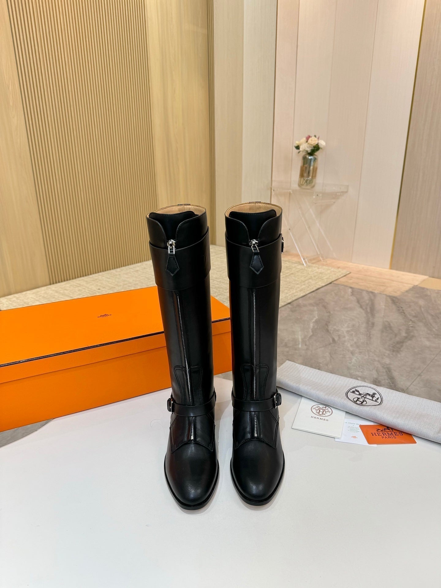 HERMES 25S RIDING BOOTS IN BLACK LAMBSKIN WITH SILVER HARDWARE