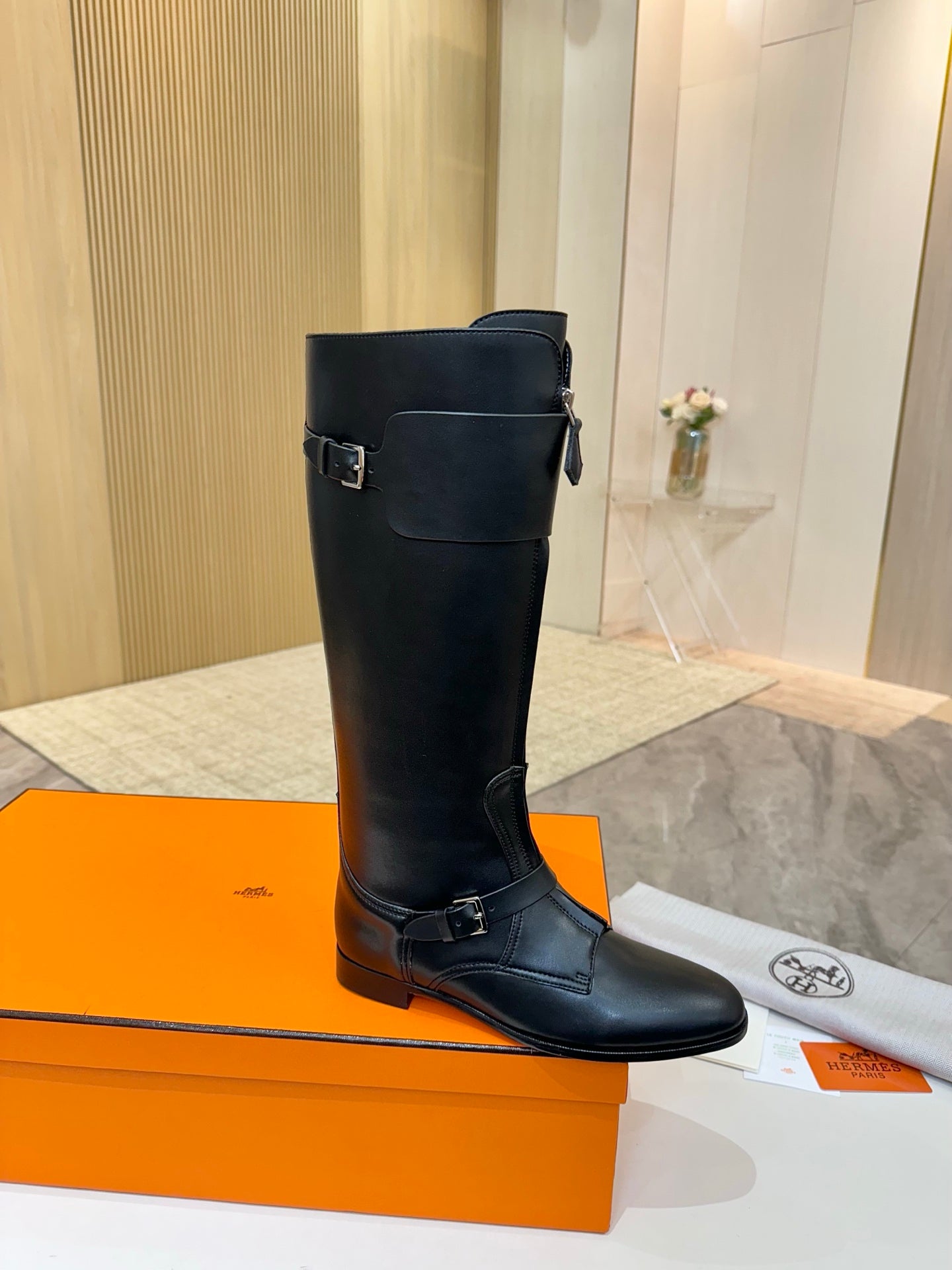 HERMES 25S RIDING BOOTS IN BLACK LAMBSKIN WITH SILVER HARDWARE