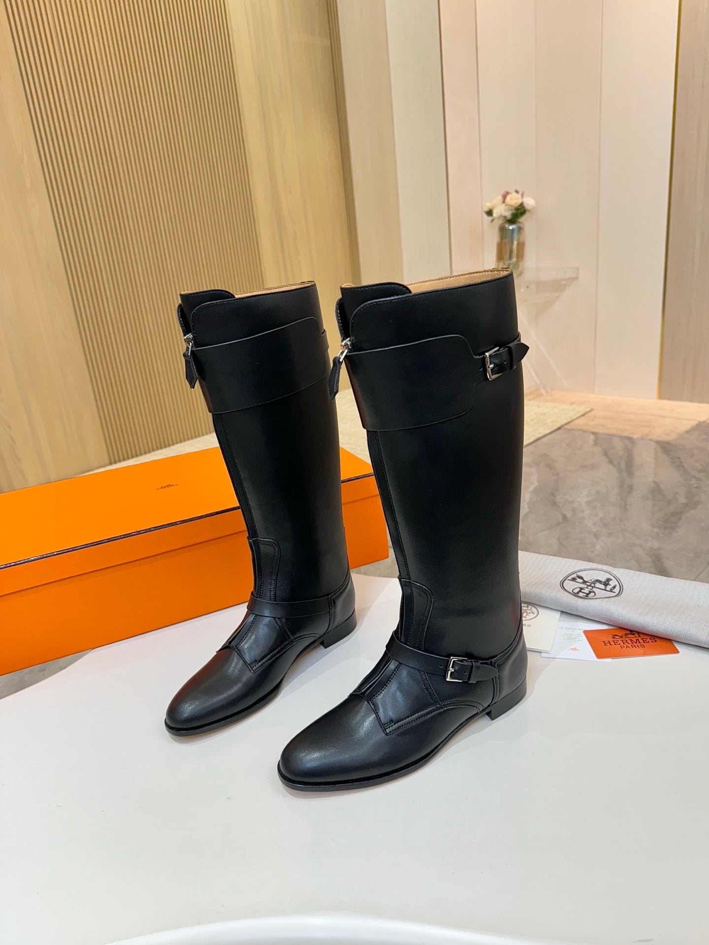 HERMES 25S RIDING BOOTS IN BLACK LAMBSKIN WITH SILVER HARDWARE