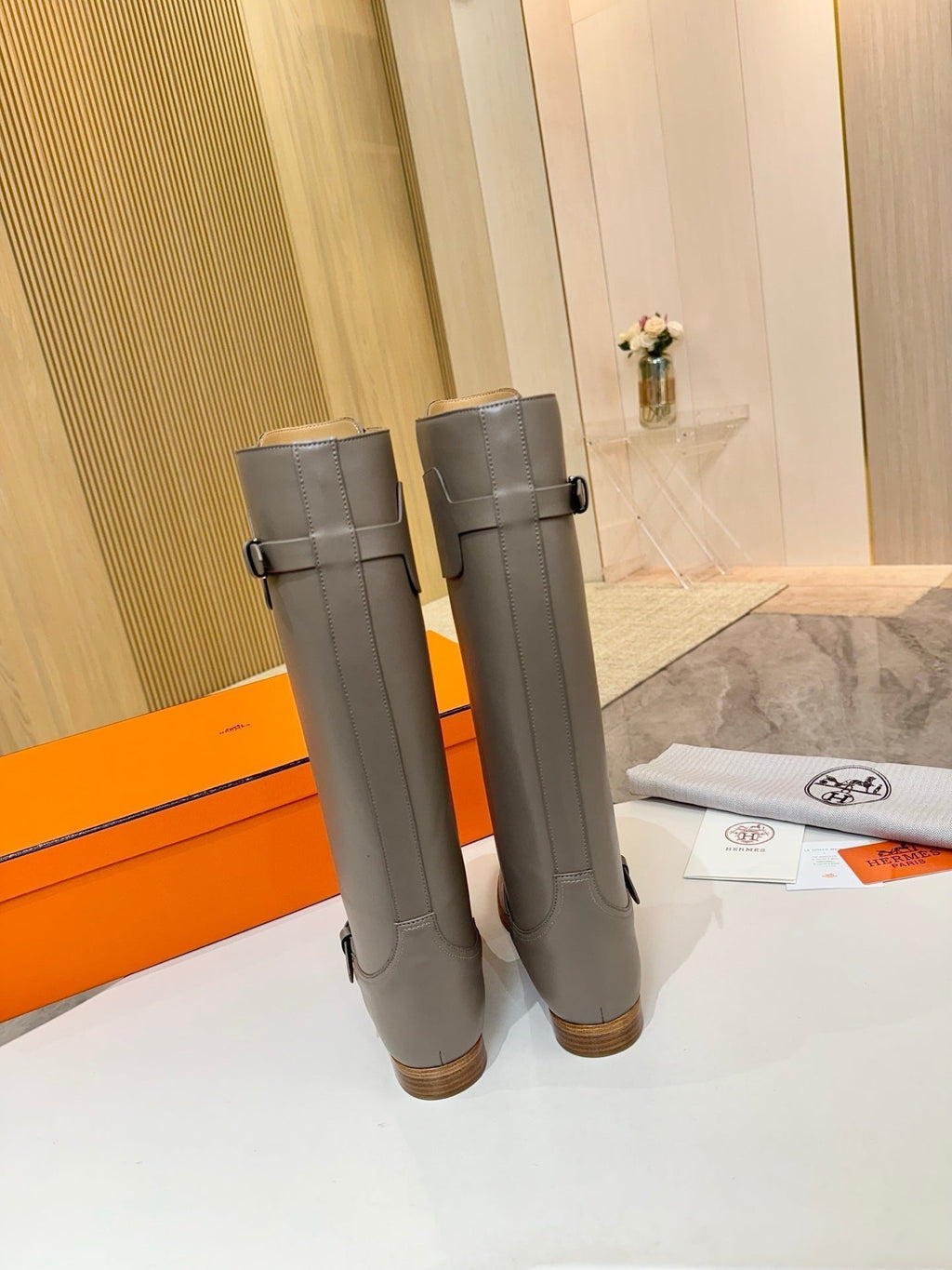 HERMES 25S RIDING BOOTS IN GREY LAMBSKIN WITH SILVER HARDWARE