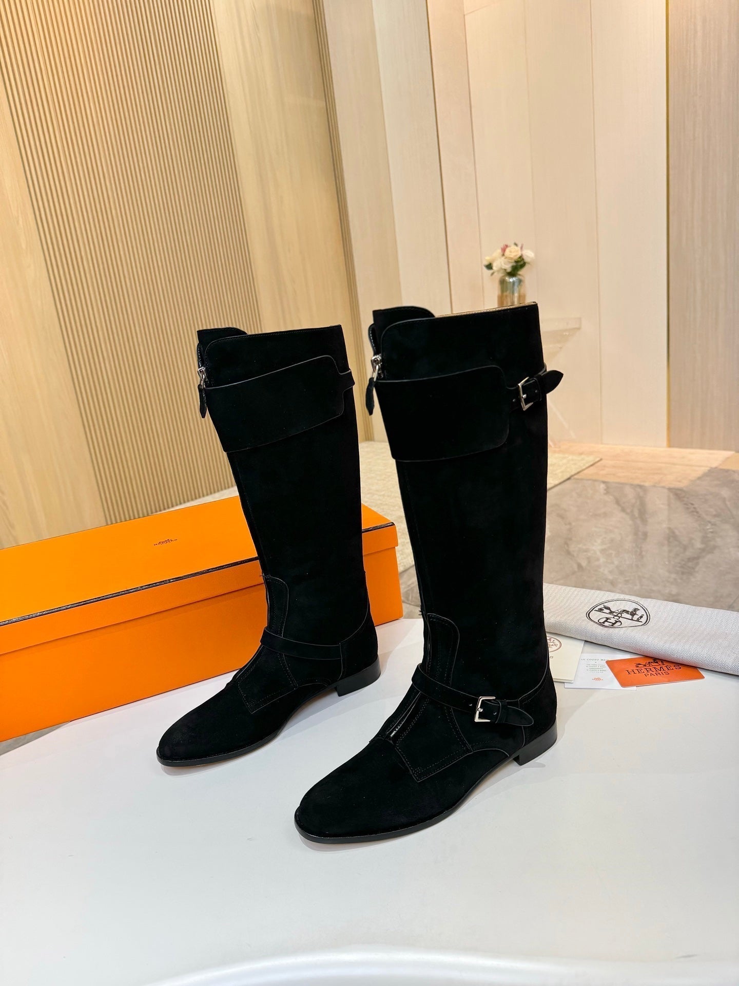 HERMES 25S RIDING BOOTS IN BLACK SUEDE WITH SILVER HARDWARE
