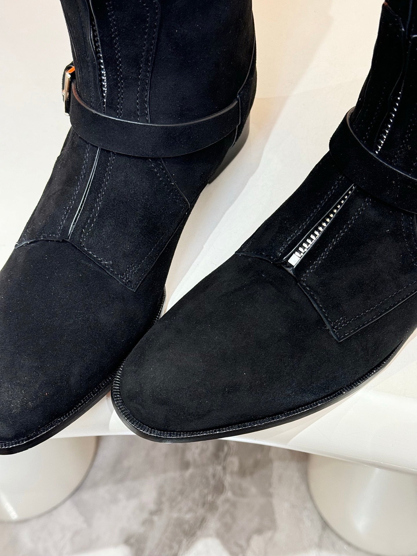HERMES 25S RIDING BOOTS IN BLACK SUEDE WITH SILVER HARDWARE