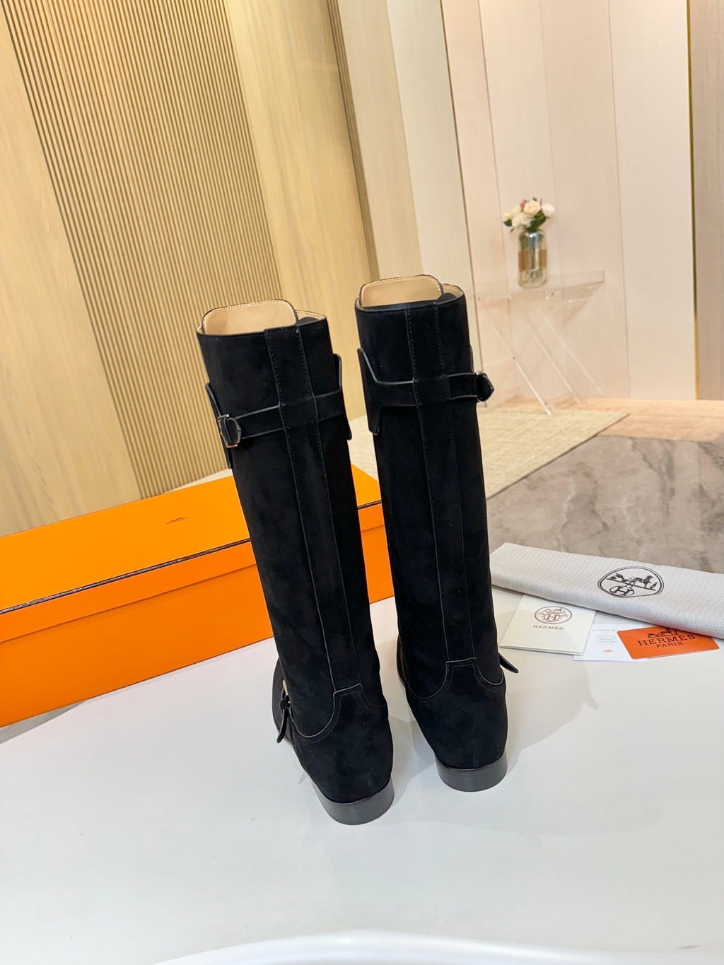 HERMES 25S RIDING BOOTS IN BLACK SUEDE WITH SILVER HARDWARE