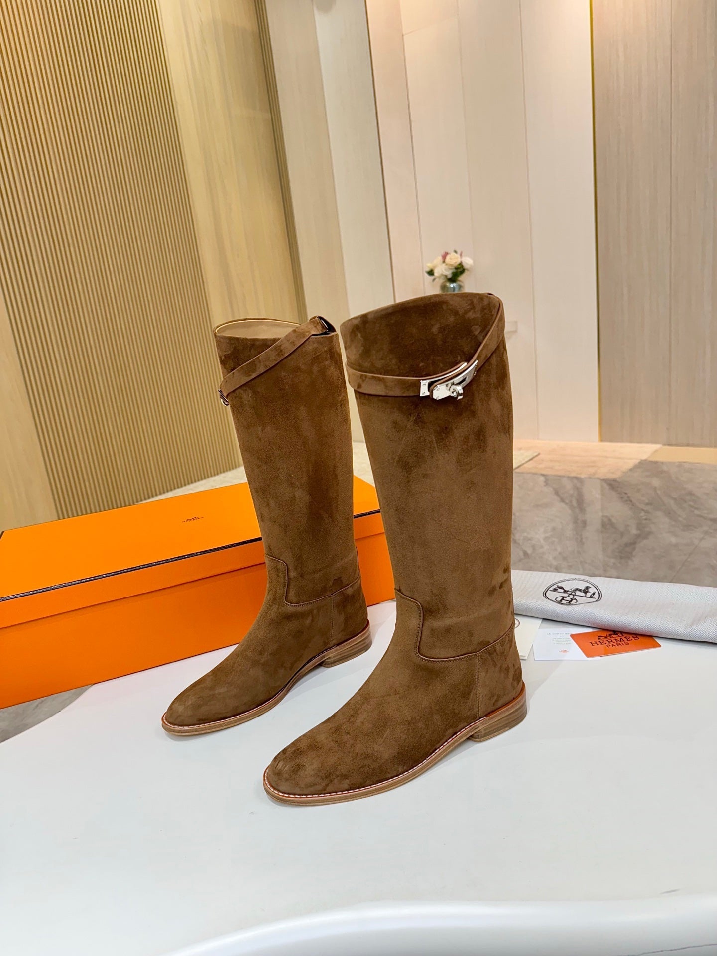 HERMES 25S JUMPING KNEE-HIGH BOOTS IN BROWN SUEDE WITH SILVER HARDWARE