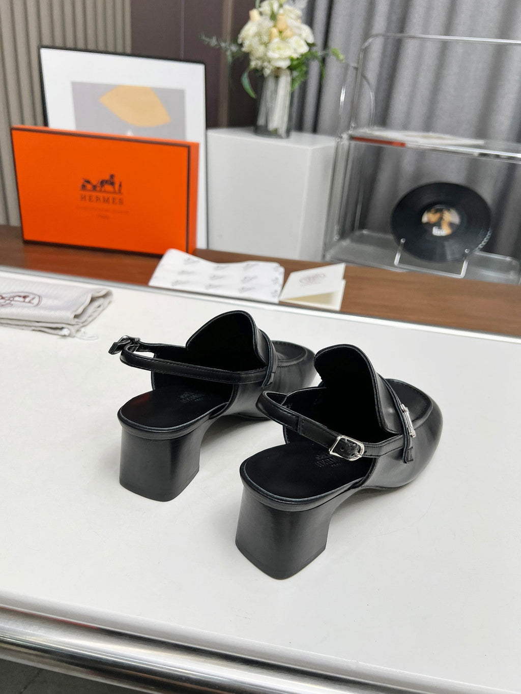 HERMES SQUARE TOE SLINGBACK BLACK CALFSKIN