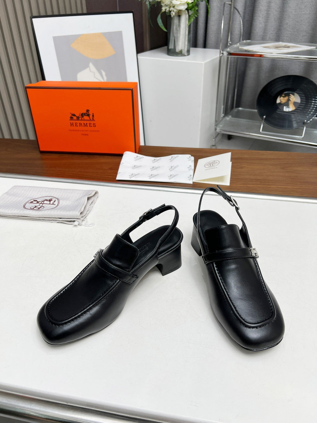 HERMES SQUARE TOE SLINGBACK BLACK CALFSKIN