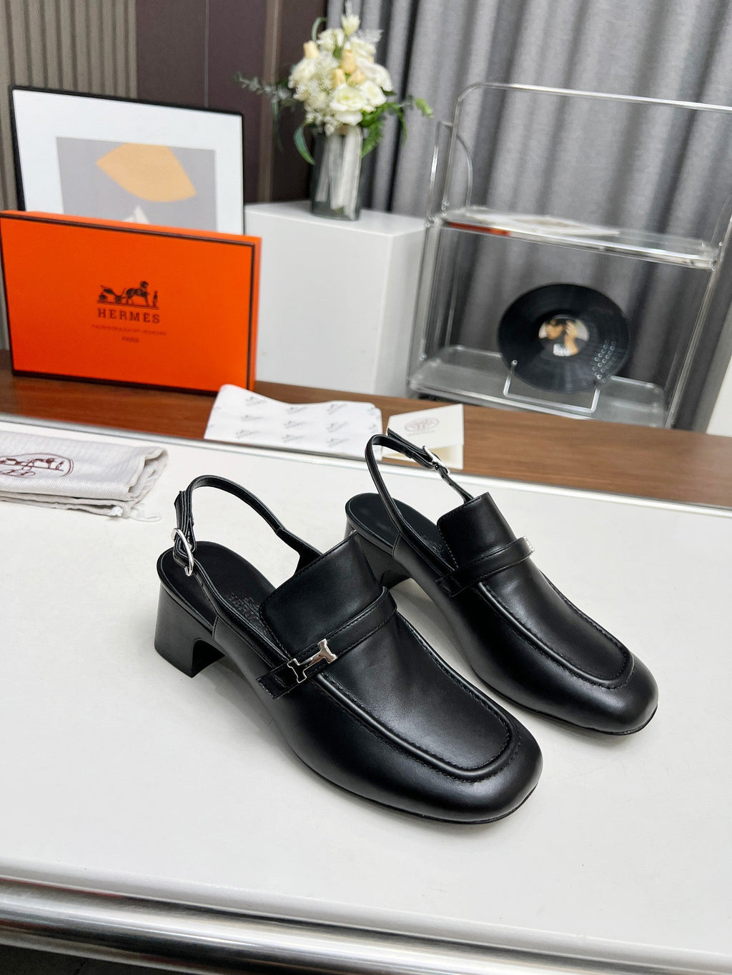 HERMES SQUARE TOE SLINGBACK BLACK CALFSKIN