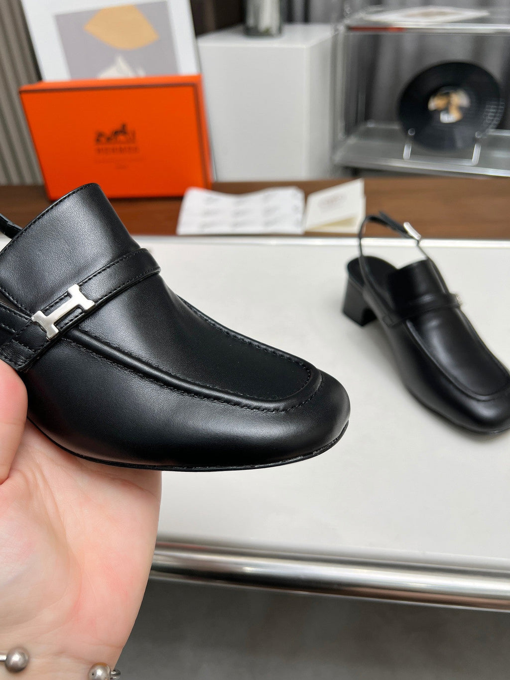 HERMES SQUARE TOE SLINGBACK BLACK CALFSKIN