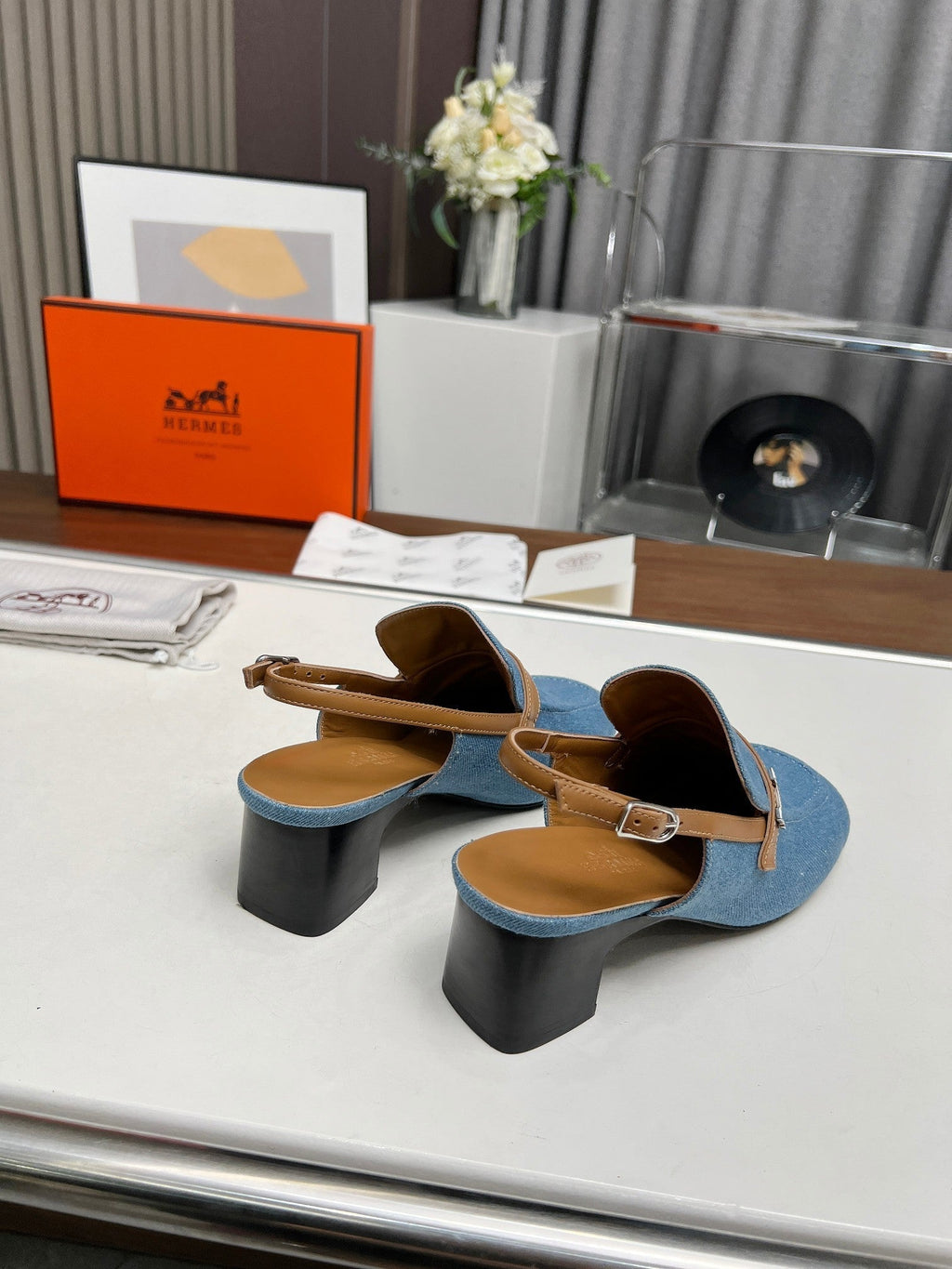 HERMES SQUARE TOE SLINGBACK DENIM CALFSKIN