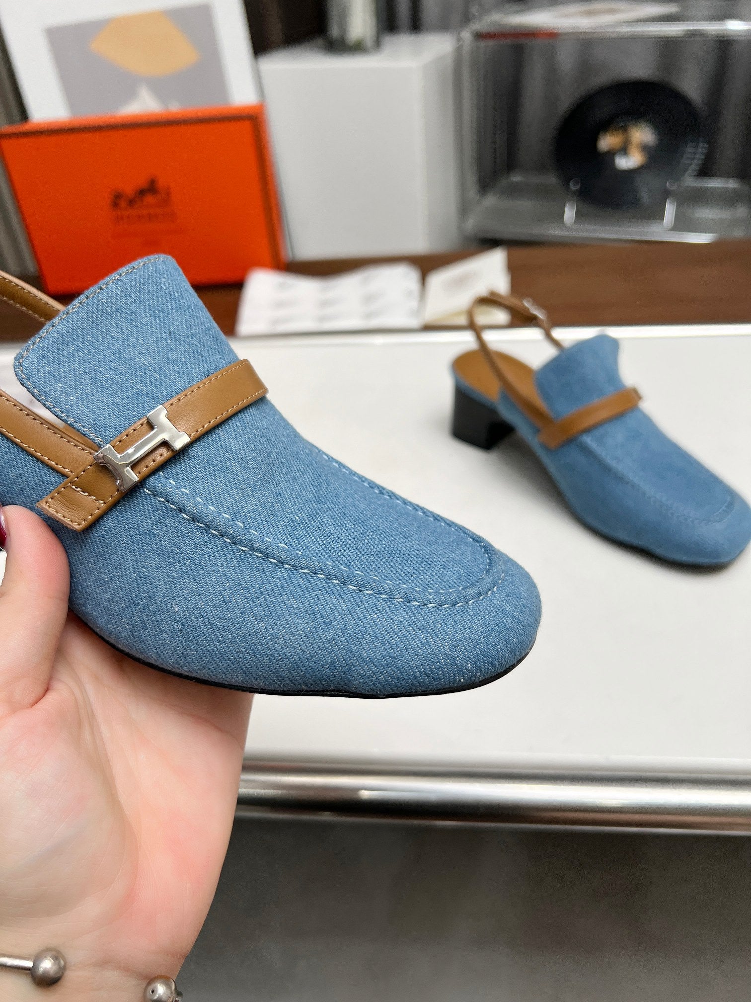 HERMES SQUARE TOE SLINGBACK DENIM CALFSKIN