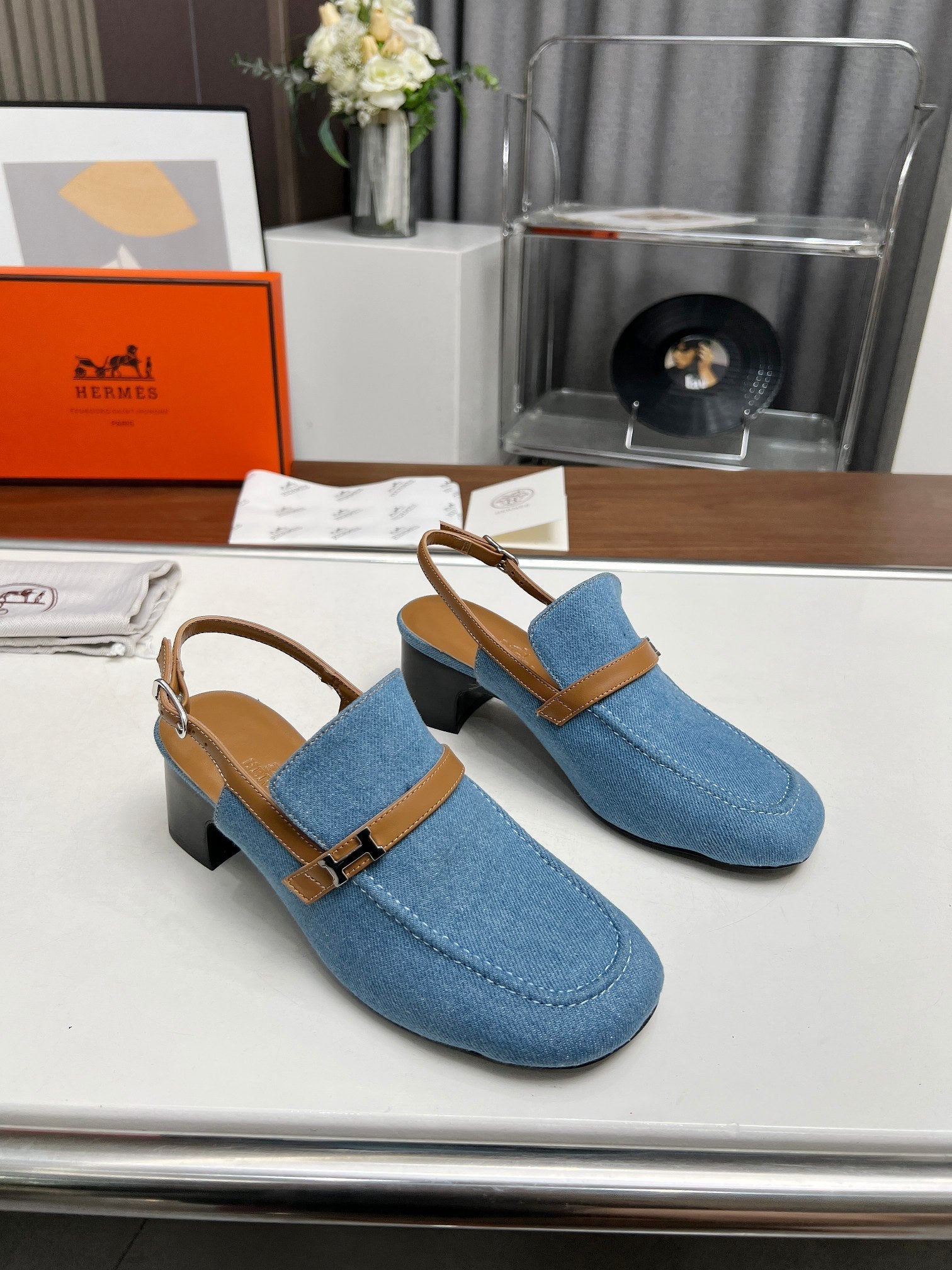 HERMES SQUARE TOE SLINGBACK DENIM CALFSKIN